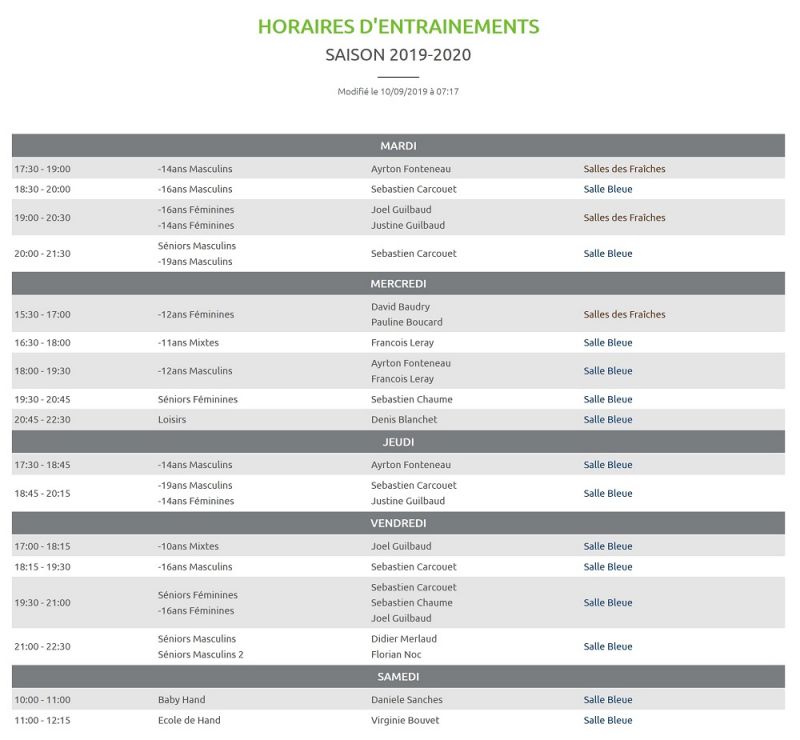 Modification des horaires d’entraînements